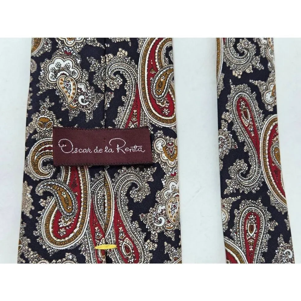OSCAR DE LA RENTA ACETATE TIE RED BLACK GOLD PAISLEY SATIN 3.25